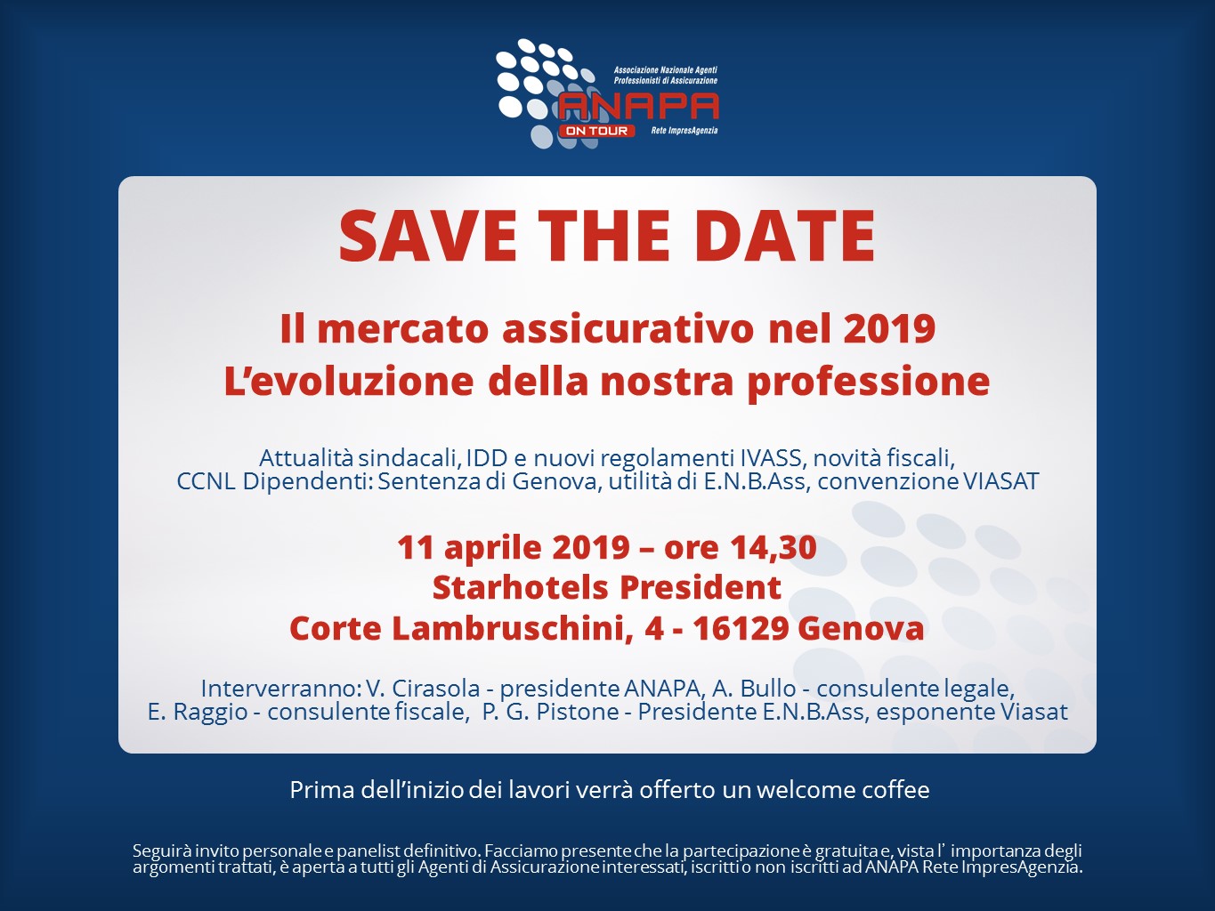 Save The Date - Genova, 11 aprile 2019